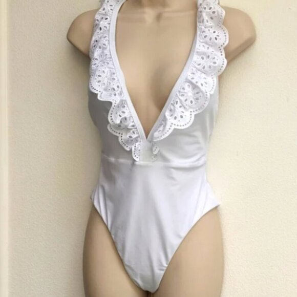 White Swimsuit Size L Eyelet Ruffle Plunge Cheeky Monokini Bachelorette - Picture 2 of 7